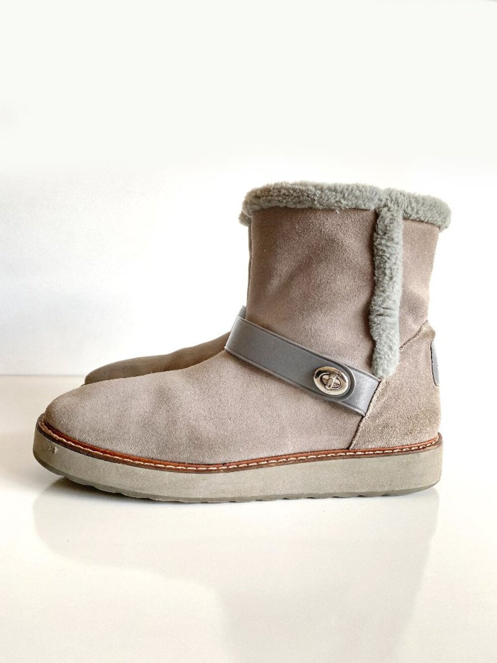 Coach Boots Women's 10B Lilia Suede Winter Lined Ankle Slip On Grey